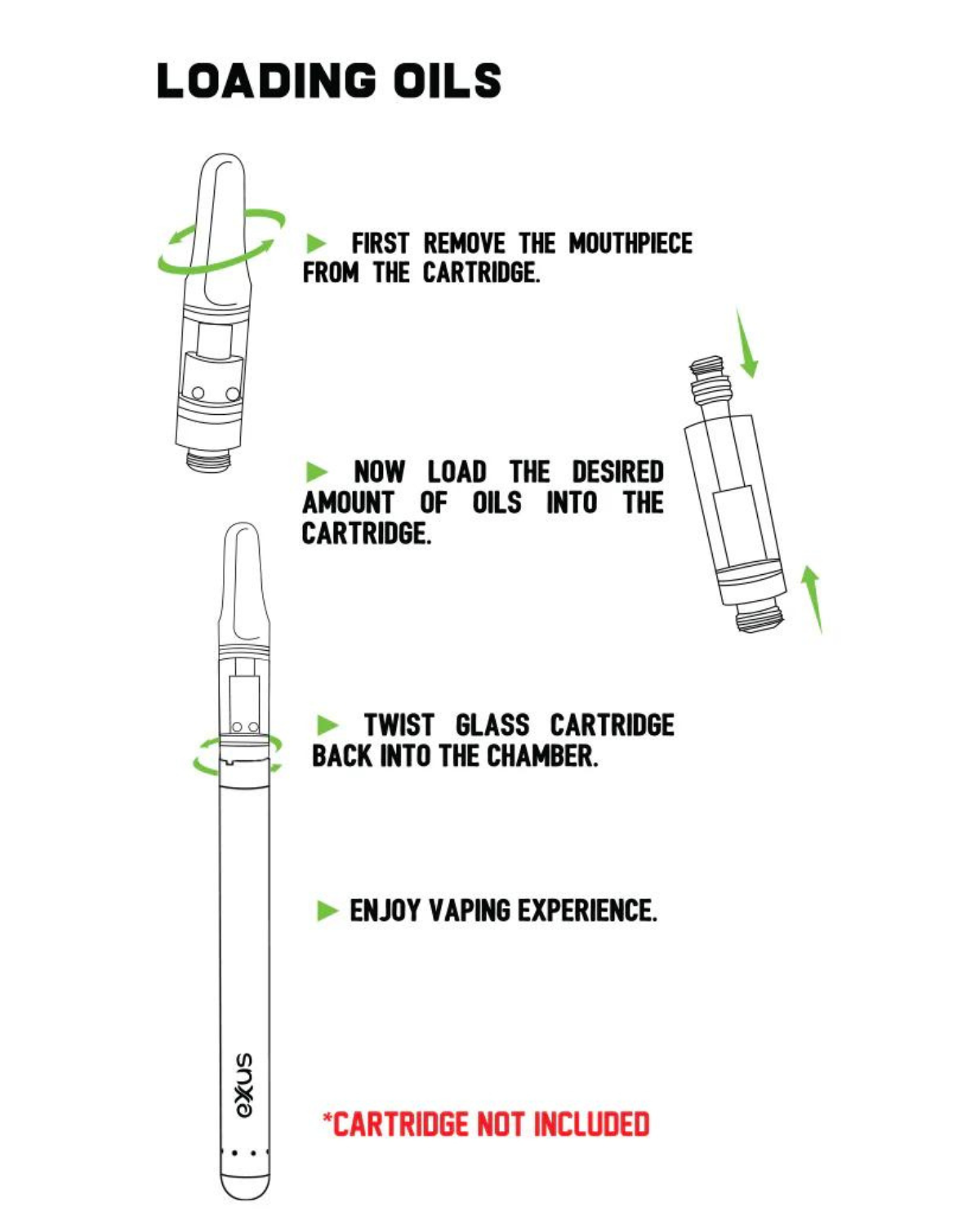 Diagram illustrating instructions for loading oils into a vape pen. Steps include removing the mouthpiece, loading oils into the Exxuss Battery Vape Cartridge by Exxus, twisting the cartridge back in, and enjoying the vaping experience with your Exxus Slim 2.0.