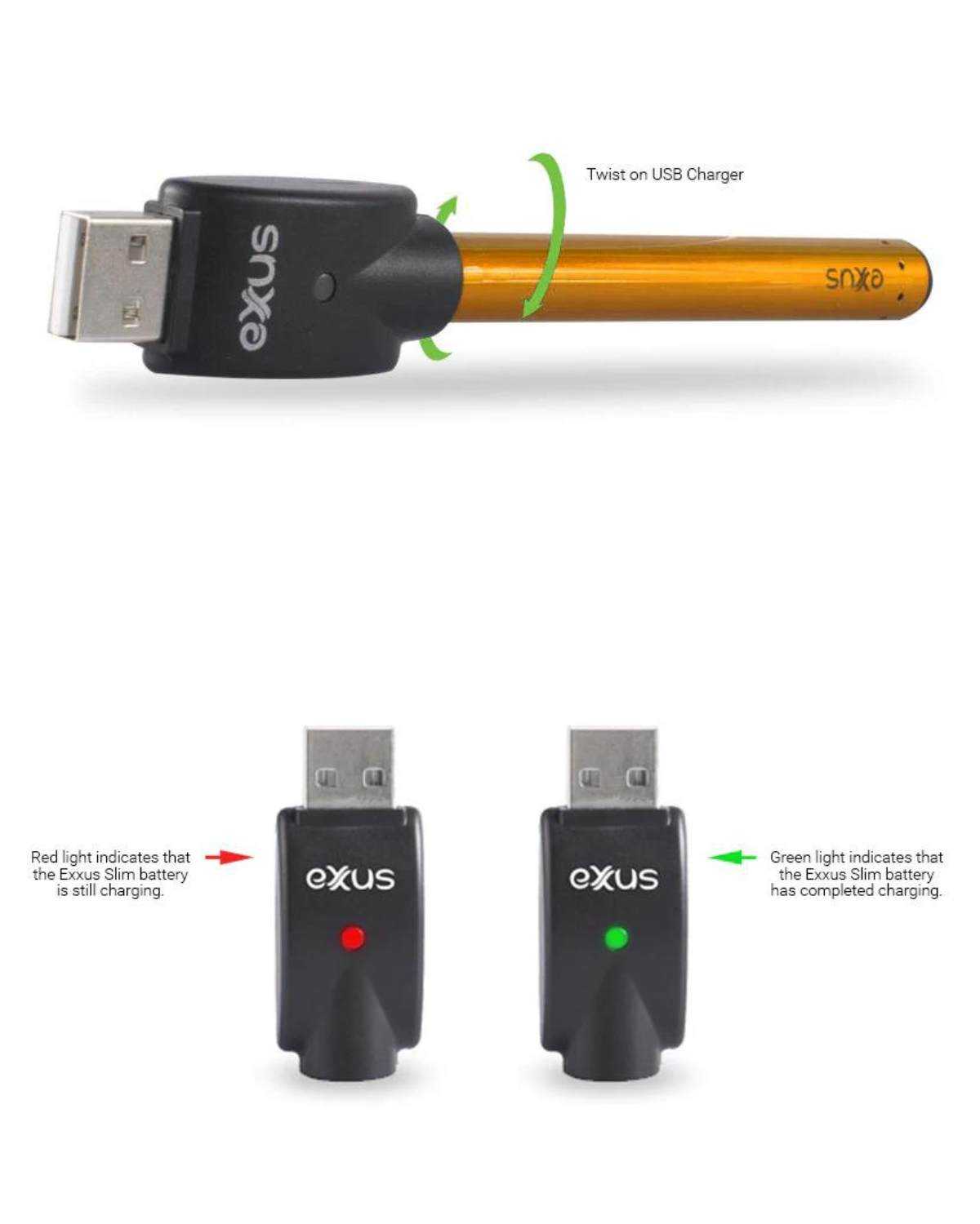 This image showcases an Exxuss Battery Vape Cartridge by Exxus. The LED light turns red while charging and green when fully charged. The 510-threaded vaporizer battery tube connects to the charger by twisting.